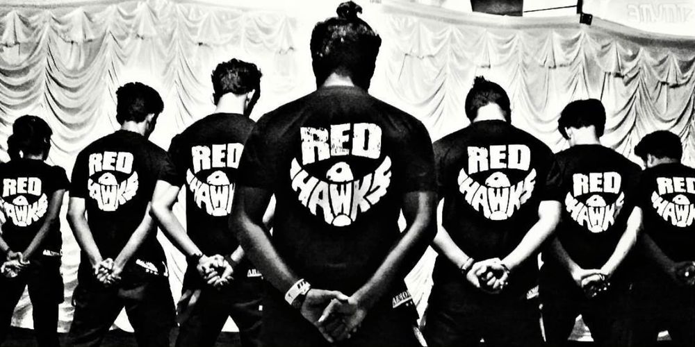 The crew in Red Hawks shirts